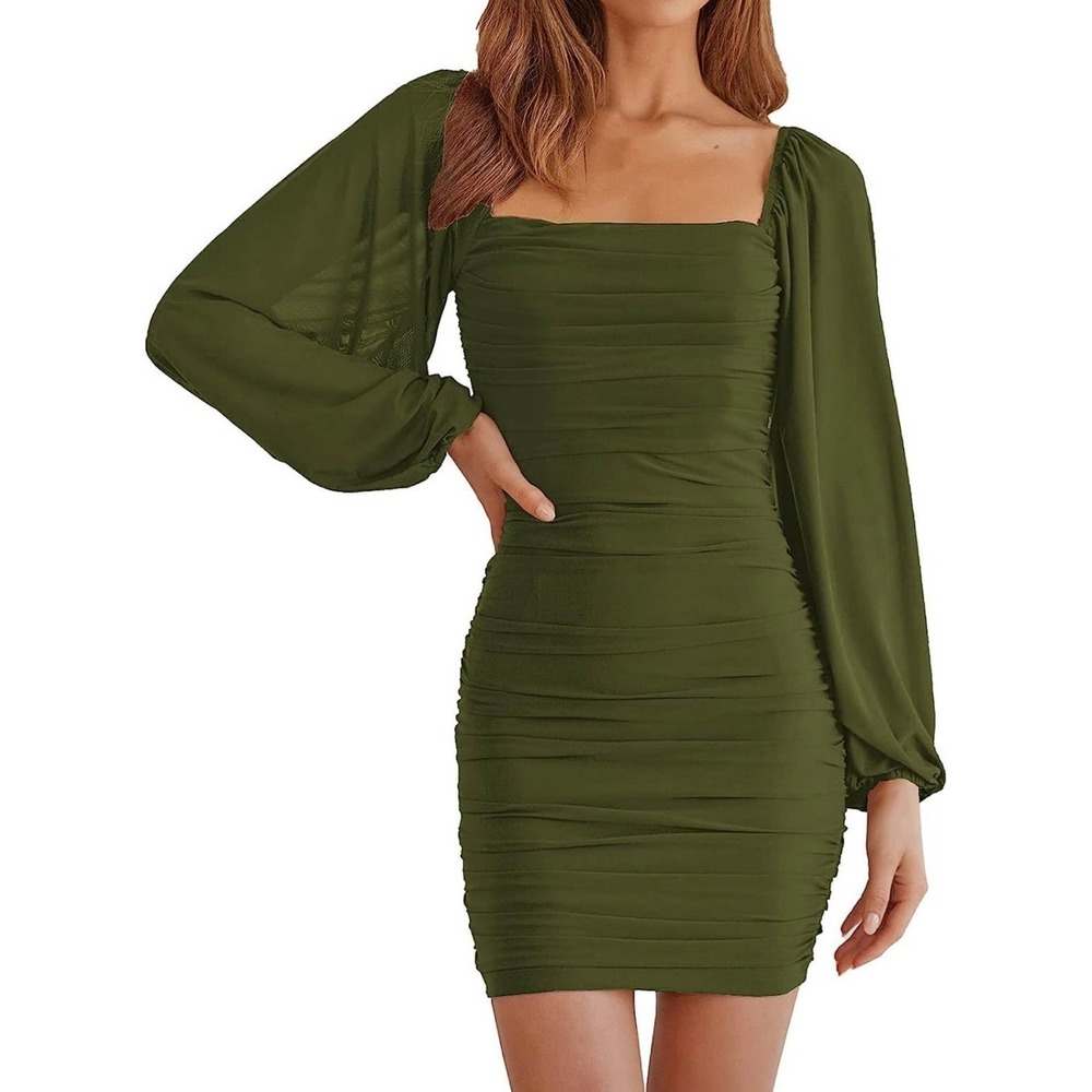 Women Square Neck Lantern Long‎ Sleeve Mesh Ruched Bodycon Clubwear Mini Dress